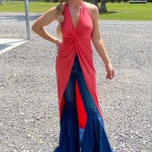 Free People Beach Halter Coral knotted dress with slit in front.small. NWOT